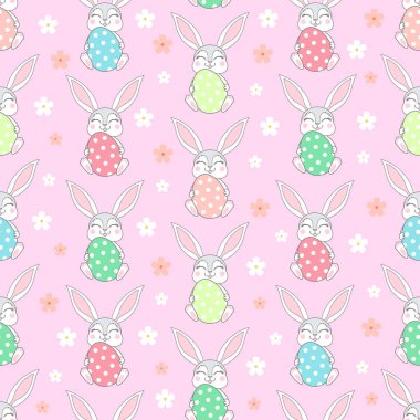 Paskalya yumurtalarını pembe arka planda tutan tavşanlarla kusursuz bir desen. Paskalya kartı, arkaplan, duvar kağıdı, kumaş, ambalaj kağıdı gibi şeylerin tasarımı için. Vektör