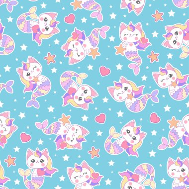 Kawaii deniz kızı kedilerinde kusursuz desen. Çocuk kumaşı tasarımı, duvar kağıdı, arka plan, baskılar, ambalaj kağıdı, hatıra defteri vs. için. Vektör