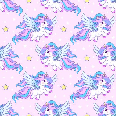 Pembe arka planda beyaz tek boynuzlu atlar ve yıldızlar olan kusursuz bir desen. Çocuk kumaşı tasarımı, arka plan, duvar kağıdı, ambalaj kağıdı, baskılar, kart posterleri vs. için. Vektör