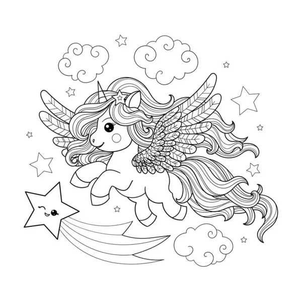 stock vector A cute, little cartoon unicorn with a long mane flies in the sky with a star. Black and white linear drawing. For children's design of coloring books, prints, posters, stickers, cards, puzzles, etc. Vector illustration