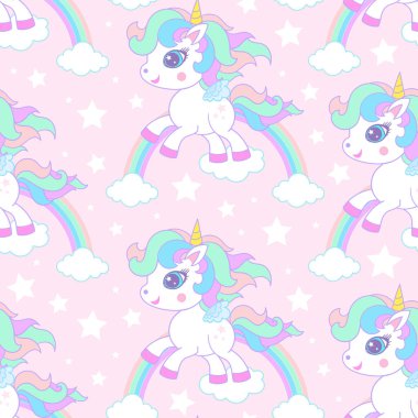 Pembe arka planda beyaz tek boynuzlu atlar ve gökkuşağı deseni. Çocuk kumaşı tasarımı, duvar kâğıdı, arka plan, ambalaj kağıdı vs. Vektör illüstrasyonu