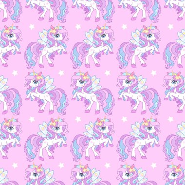 Pembe arka planda, gökkuşağı yelesi ve kuyruğu olan beyaz tek boynuzlu atların kusursuz deseni. Çocuk kumaş tasarımı, duvar kağıdı, arka plan, ambalaj kağıdı vs. için. Vektör