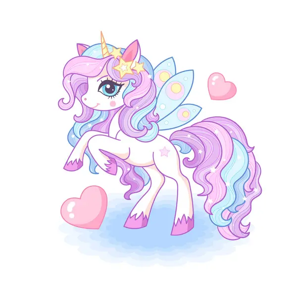 Kelebek kanatları ve kalpleri olan şirin tek boynuzlu at çizgi filmi. Çocuk tasarımları için baskılar, posterler, kartlar, çıkartmalar, bulmacalar, vs. Vektör illüstrasyonu