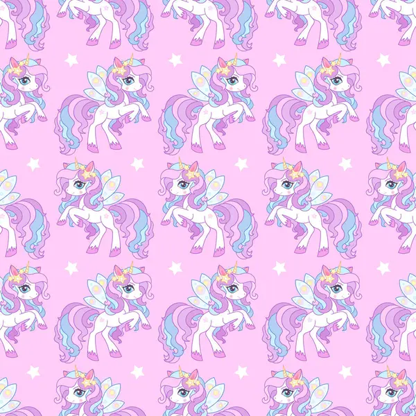 Pembe arka planda, gökkuşağı yelesi ve kuyruğu olan beyaz tek boynuzlu atların kusursuz deseni. Çocuk kumaş tasarımı, duvar kağıdı, arka plan, ambalaj kağıdı vs. için. Vektör