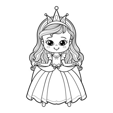 Uzun saçlı, güzel elbiseli, şirin küçük çizgi film prensesi. Siyah-beyaz doğrusal çizim. Çocuk boyama kitapları, baskılar, posterler, kartlar, çıkartmalar vesaire için. Vektör illüstrasyonu.