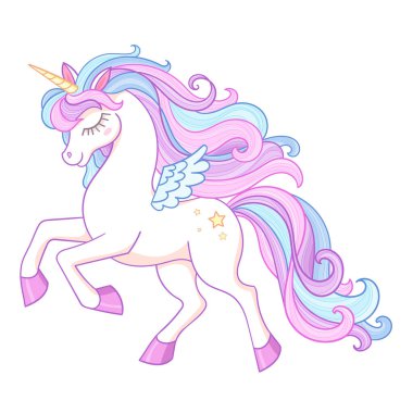 Gökkuşağı yeleli beyaz tek boynuzlu at. Beyaz bir arka planda izole edilmiş. Çocuk baskıları, posterler, kartlar, yapıştırıcı kullanmayanlar vs. için harika bir hayvan. Vektör illüstrasyonu