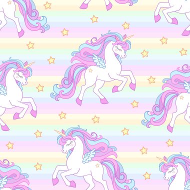 Gökkuşağı renkli çizgilerde beyaz tek boynuzlu atların kusursuz deseni. Kumaş tasarımı, duvar kâğıdı, arka plan, baskılar, posterler vs. Vektör illüstrasyonu