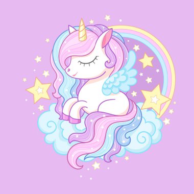 Küçük beyaz tek boynuzlu at gökkuşağı ve yıldızlarla dolu bir bulutta uyur. Çocuk baskıları, posterler, kartlar, çıkartmalar vesaire için. Vektör illüstrasyonu