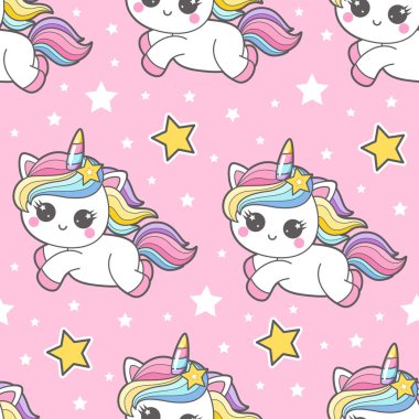 Beyaz gökkuşağı tek boynuzlu atları ve pembe arka planda yıldızları olan kusursuz bir desen. Çocuk kumaşı tasarımı, duvar kâğıdı, arka plan, hatıra defteri, vs. için. Vektör