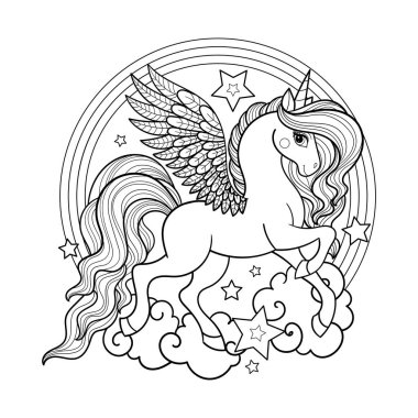Güzel tek boynuzlu at ve bulutlu ve yıldızlı gökkuşağı. Siyah-beyaz doğrusal çizim. Boyama kitapları, baskılar, posterler, kartlar, çıkartmalar, dövmeler, bulmacalar gibi çocuk tasarımları için. Vektör