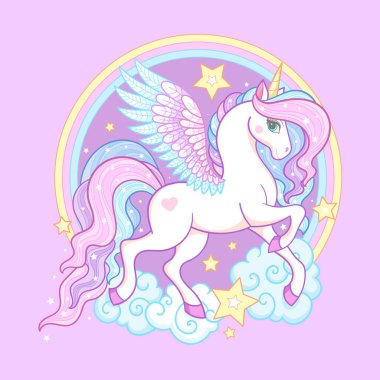 Gökkuşağı, bulut ve yıldızlı güzel beyaz tek boynuzlu at. Çocuk tasarımı için baskılar, posterler, kartlar, çıkartmalar, pedler, vs. Vektör illüstrasyonu