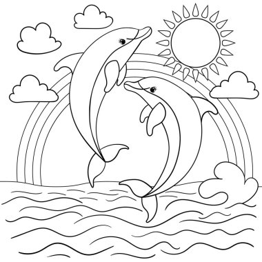 Yunuslar denizden gökkuşağının ve güneşin arka planına doğru atlarlar. Siyah-beyaz doğrusal çizim. Beyaz bir arka planda izole edilmiş. Çocuk boyama kitapları, baskılar, posterler, kartlar, çıkartmalar, bulmacalar vs. için. Vektör