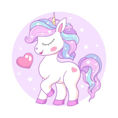Gökkuşağı yeleli şirin beyaz tek boynuzlu at midillisi. Büyü ve büyücülük teması. Çocuk baskıları, posterler, kartlar, yapıştırıcı kullanmayanlar için. Bulmacalar falan. Vektör illüstrasyonu