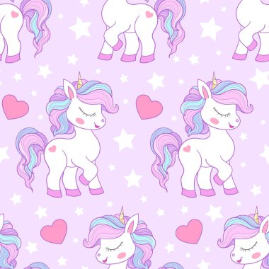 Pembe arka planda küçük gökkuşağı tek boynuzlu atları, kalpleri ve yıldızları olan kusursuz bir desen. Çocuk kumaşı tasarımı, duvar kâğıdı, arka plan, ambalaj kağıdı, baskılar, posterler, hatıra defteri vesaire için. Vektör