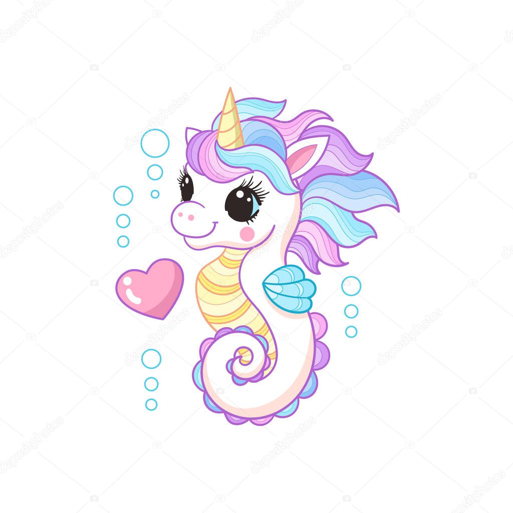 Cute sea unicorn with a rainbow mane and a heart. Isolated on a white background. For childrens design of prints, posters, cards, stickers, T-shirts, cups, puzzles, etc. Vector illustration