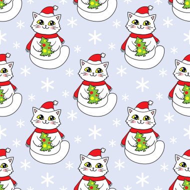 Mavi arka planda Noel ağacı olan Noel Baba şapkalı beyaz kedi. Kusursuz desen. Noel ve Yeni Yıl teması. Çocuklar için kumaş tasarımı, duvar kâğıdı, arka plan, ambalaj kağıdı, koleksiyon defteri. Vektör