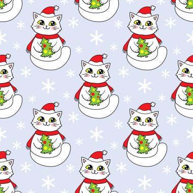 Mavi arka planda Noel ağacı olan Noel Baba şapkalı beyaz kedi. Kusursuz desen. Noel ve Yeni Yıl teması. Çocuklar için kumaş tasarımı, duvar kâğıdı, arka plan, ambalaj kağıdı, koleksiyon defteri. Vektör