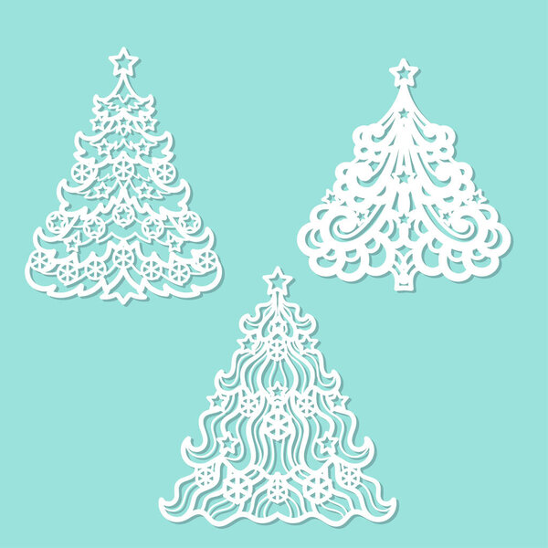Christmas trees. Set of templates for laser cutting from paper, cardboard, wood, metal. For the design of Christmas and New Year decorations, cards, greetings, Christmas tree toys, stencils, etc. Vector