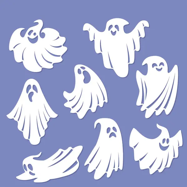 stock vector Cartoon ghosts. Set of templates for laser cutting from paper, wood, cardboard, metal. Funny decorations for Halloween decorations, cards, greetings, stickers, stencils, scrapbooking, etc. Vector illustration.