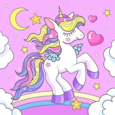 Gökkuşağı yeleli, bulutlu, kalpli ve aylı beyaz tek boynuzlu at çizgi filmi. Tatlı fantezi karakteri. Çocuk tasarım baskıları, posterler, kartlar, çıkartmalar, bulmacalar vs. için. Vektör