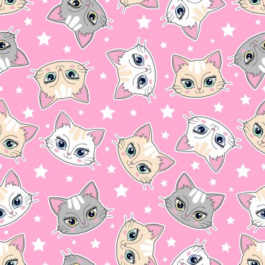 Çizgi film kedisi pembe arka planda izole edilmiş. Kusursuz desen. Çocuklar için kumaş tasarımı, duvar kağıtları, arka planlar, baskılar, posterler, ambalaj kağıtları vs. Vektör