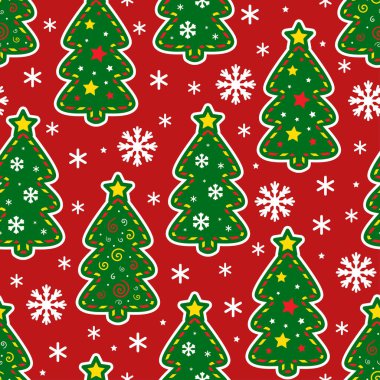 Yeşil köknar ağaçları ve kırmızı zemin üzerinde beyaz kar taneleri olan kusursuz bir Noel deseni. Noel ve yeni yıl için duvar kağıtları, arka planlar, kumaş, kağıt mendil, hatıra defteri gibi şeyler tasarlamak için. Vektör