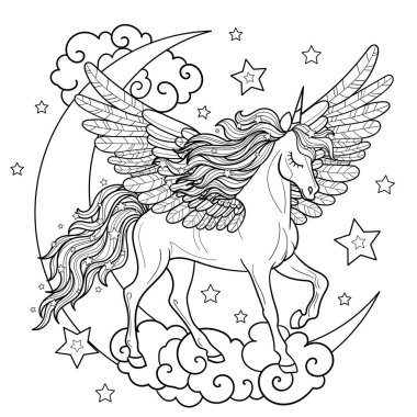 Güzel kanatlı tek boynuzlu at bulutların arasında Ay 'da. Siyah-beyaz doğrusal çizim. Beyaz arka planda izole edilmiş. Çocuklar ve yetişkinler için boyama kitapları tasarımı için, baskılar, posterler, kartpostallar, çıkartmalar, vs. Vektör illüstrasyonu