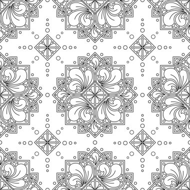 Etnik, kusursuz mandalas deseni. Siyah-beyaz doğrusal çizim. Beyaz arka planda izole edilmiş. Yetişkin boyama kitapları, kumaş, duvar kâğıdı, arka plan, hatıra defteri gibi şeylerin tasarımı için. Vektör