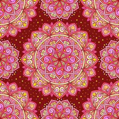 Kırmızı mandalalarla kusursuz desen. Etnik Arap modeli. Kumaş tasarımı, duvar kağıdı, arka planlar, baskılar, posterler, ambalaj kağıdı vs. Vektör illüstrasyonu