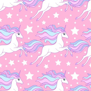 Pembe arka planda gökkuşağı yeleli beyaz tek boynuzlu atların kusursuz deseni. Çocuk tasarımları, duvar kağıtları, arka planlar, ambalaj kağıtları, hatıra defteri vs. için. Vektör