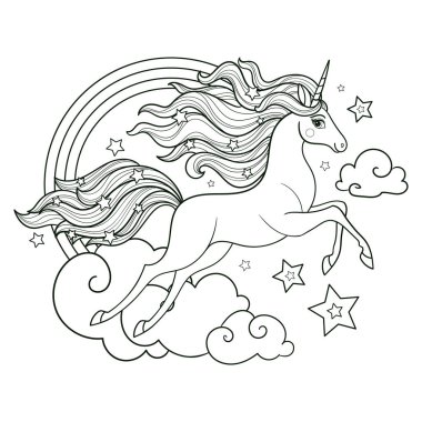 Gökyüzünde gökkuşağı ve bulutlarla koşan güzel tek boynuzlu at. Siyah-beyaz doğrusal çizim. Beyaz arka planda izole edilmiş. Çocuk boyama kitapları, baskılar, posterler, kartlar, çıkartmalar için. Bulmacalar falan. Vektör
