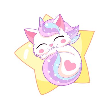 Gökkuşağı yeleli şirin tek boynuzlu kedi yavrusu bir yıldızın üzerinde uyuyor. Kawaii tarzı çizim. Beyaz arka planda izole edilmiş. Çocuk tasarımı için baskılar, posterler, kartlar, tişörtler, bardaklar vs. Vektör illüstrasyonu