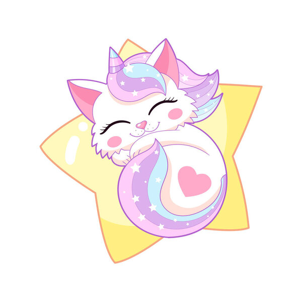 Cute unicorn kitten with rainbow mane sleeps on a star. Kawaii style drawing. Isolated on white background. For childrens design of prints, posters, cards, t-shirts, cups, etc. Vector illustration