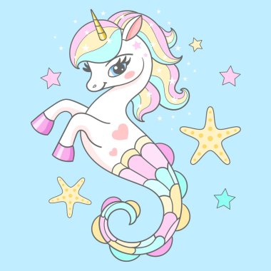 Gökkuşağı yeleli, deniz yıldızlı şirin bir tek boynuzlu at. Sihirli tema. Çocuk tasarım baskıları, posterler, kartlar, çıkartmalar, bulmacalar için. Vektör illüstrasyonu