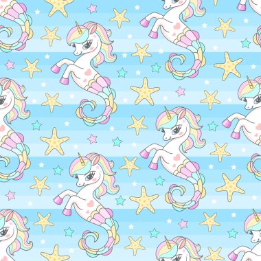 Deniz atları, tek boynuzlu atlar ve deniz yıldızlarıyla şirin, kusursuz bir desen. Yaz ve deniz teması. Çocuklar için kumaş tasarımı, duvar kâğıdı, arka plan, ambalaj kağıdı, baskılar, posterler vs. Vektör