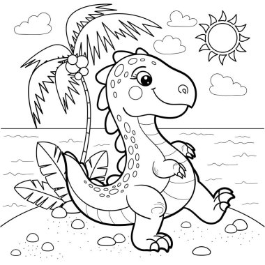 Kıyıda yürüyen komik bir karikatür dinozor. Siyah-beyaz doğrusal çizim. Boyama kitapları, baskılar, posterler, kartpostallar, çıkartmalar gibi çocuk tasarımları için. Vektör