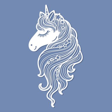 Uzun yeleli tek boynuzlu at kafası. Kağıttan, kartondan, ahşaptan, metalden lazer kesme şablonu. Kartpostal, çıkartma, iç dekorasyon, hatıra defteri, şablon gibi çocuk tasarımları için. Vektör