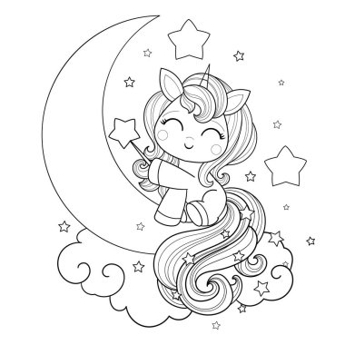 Tatlı kawaii tek boynuzlu atı sihirli bir değnekle Ay 'da oturuyor. Siyah beyaz çizgi çiziyor. Çocuk boyama kitapları, baskılar, posterler, kartlar, çıkartmalar vesaire için. Vektör illüstrasyonu