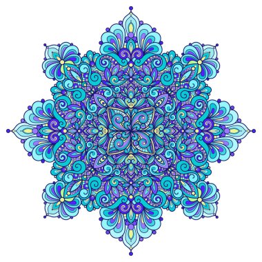 Mavi mandala. Etnik model. Beyaz arka planda izole edilmiş. Baskı için dekoratif süs. Baskıların, posterlerin, kartların, çıkartmaların, dövmelerin, yoganın, meditasyonun tasarımı için. Vektör illüstrasyonu