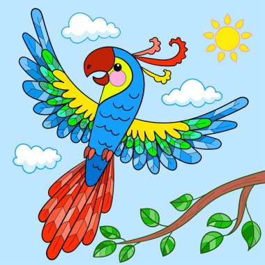 Gökyüzünde uçan sevimli papağan çizgi filmi. Düz dizayn. Çocuk tasarım baskıları, posterler, kartlar, çıkartmalar, bulmacalar vs. için. Vektör illüstrasyonu.
