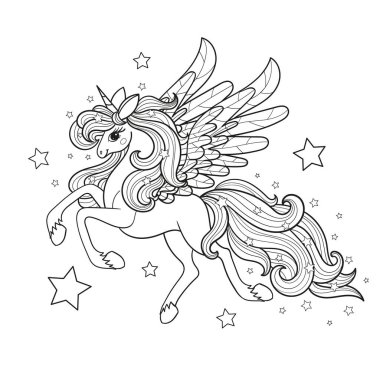 Güzel tek boynuzlu at. Siyah-beyaz doğrusal çizim. Boyama kitapları, baskılar, posterler, kartlar, çıkartmalar, bulmacalar gibi boyama kitapları tasarlayan çocuklara sadakat. Vektör illüstrasyonu