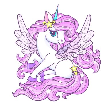 Uzun pembe yeleli ve kuyruklu küçük beyaz tek boynuzlu at. Beyaz arka planda izole edilmiş. Çocuk tasarım baskıları, posterler, kartlar, çıkartmalar, bulmacalar vs. için. Vektör illüstrasyonu