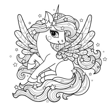 Uzun yeleli ve kuyruklu tek boynuzlu at. Siyah-beyaz doğrusal çizim. Beyaz bir arka planda izole edilmiş. Boyama kitapları, baskılar, posterler, kartlar, çıkartmalar, bulmacalar gibi çocuk tasarımları için. Vektör