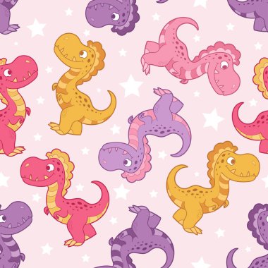 Komik karikatür dinozorlarıyla kusursuz desen. Çocuk kumaşı tasarımı, duvar kağıdı, ambalaj kağıdı, baskılar, posterler vesaire için. Vektör
