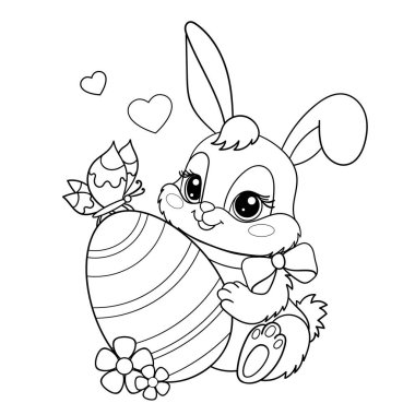 Üzerinde kelebek olan Paskalya yumurtası olan şirin bir tavşan. Siyah-beyaz doğrusal çizim. Beyaz bir arka planda izole edilmiş. Çocukların boyama kitapları, baskılar, posterler, kartpostallar, çıkartmalar vesaire için. Vektör illüstrasyonu