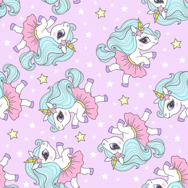 Beyaz tek boynuzlu atlar, balerinler ve pembe arka planda yıldızlar olan kusursuz vektör deseni. Çocuk kumaş tasarımı, duvar kağıtları, arka planlar, baskılar, hatıra defteri vs. için. Vektör