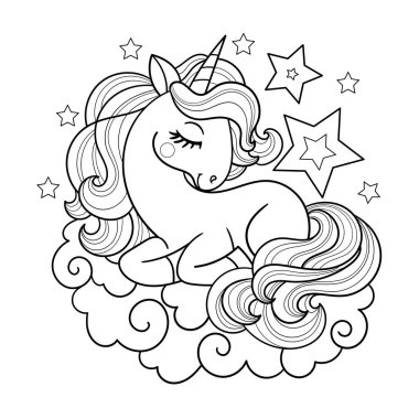 Yıldızlı bir bulutta tatlı, uyuyan tek boynuzlu at. Siyah-beyaz doğrusal çizim. Boyama kitapları, baskılar, posterler, kartlar, çıkartmalar gibi çocuk tasarımları için. Vektör illüstrasyonu