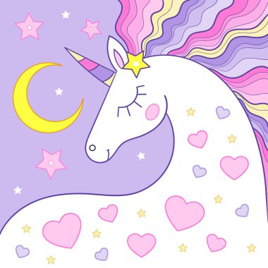 Gökkuşağı yeleli güzel tek boynuzlu at. Kare kompozisyon. Çocuk baskıları, posterler, kartlar, çıkartmalar, bulmacalar vesaire için. Vektör illüstrasyonu