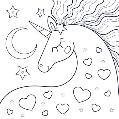 Şirin tek boynuzlu at. Siyah-beyaz doğrusal çizim. Kare kompozisyon. Vektör karikatür çizimi. Boyama kitaplarının, kartların, baskının, dekorun, dövmelerin, bulmacanın, oyunların, vb..