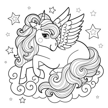 Güzel tek boynuzlu at bir bulutun üzerinde uzanıyor. Siyah-beyaz doğrusal çizim. Beyaz arka planda izole edilmiş. Çocuk boyama kitapları, baskılar, posterler, kartpostallar, çıkartmalar, bulmacalar vs. için. Vektör illüstrasyonu